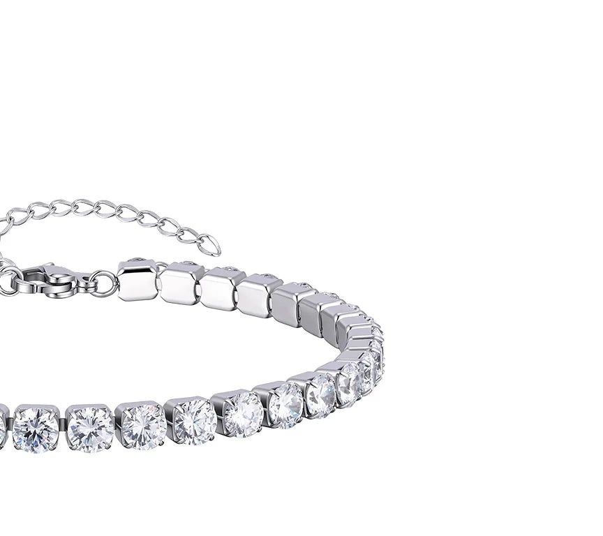 Silver-tone stainless steel tennis anklet with 5mm clear cubic zirconia stones and extender chain