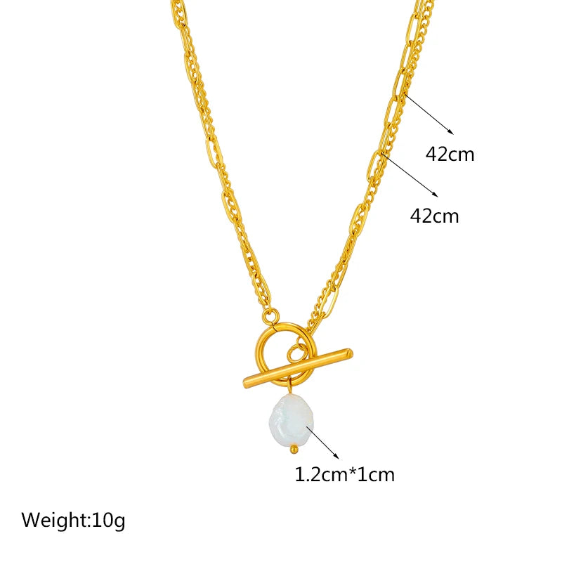 Gold pearl drop necklace with chain length measurements