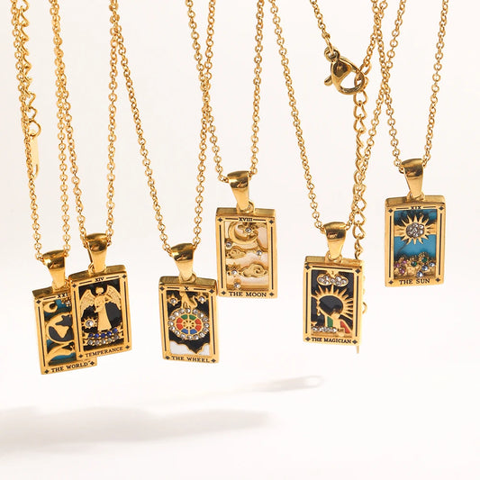 Gold tarot card pendant necklaces with colourful card artwork
