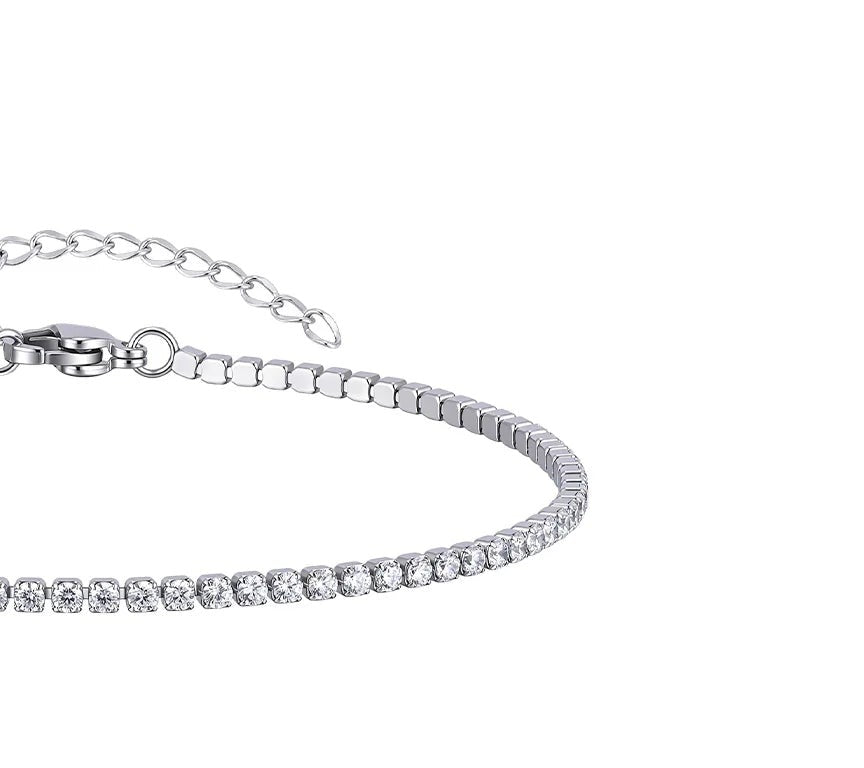 Silver-tone stainless steel tennis anklet with 2mm clear cubic zirconia stones and extender chain