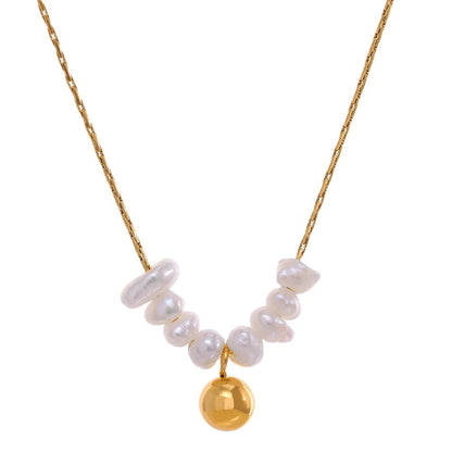 Gold-tone fine chain necklace with a row of small pearls and a gold ball charm